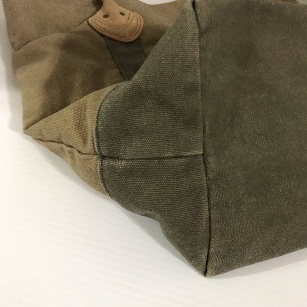 LL Bean Leather Handles Tote Bag Canvas Plaid Lined Brown Green Boat Vintage - Picture 7 of 13
